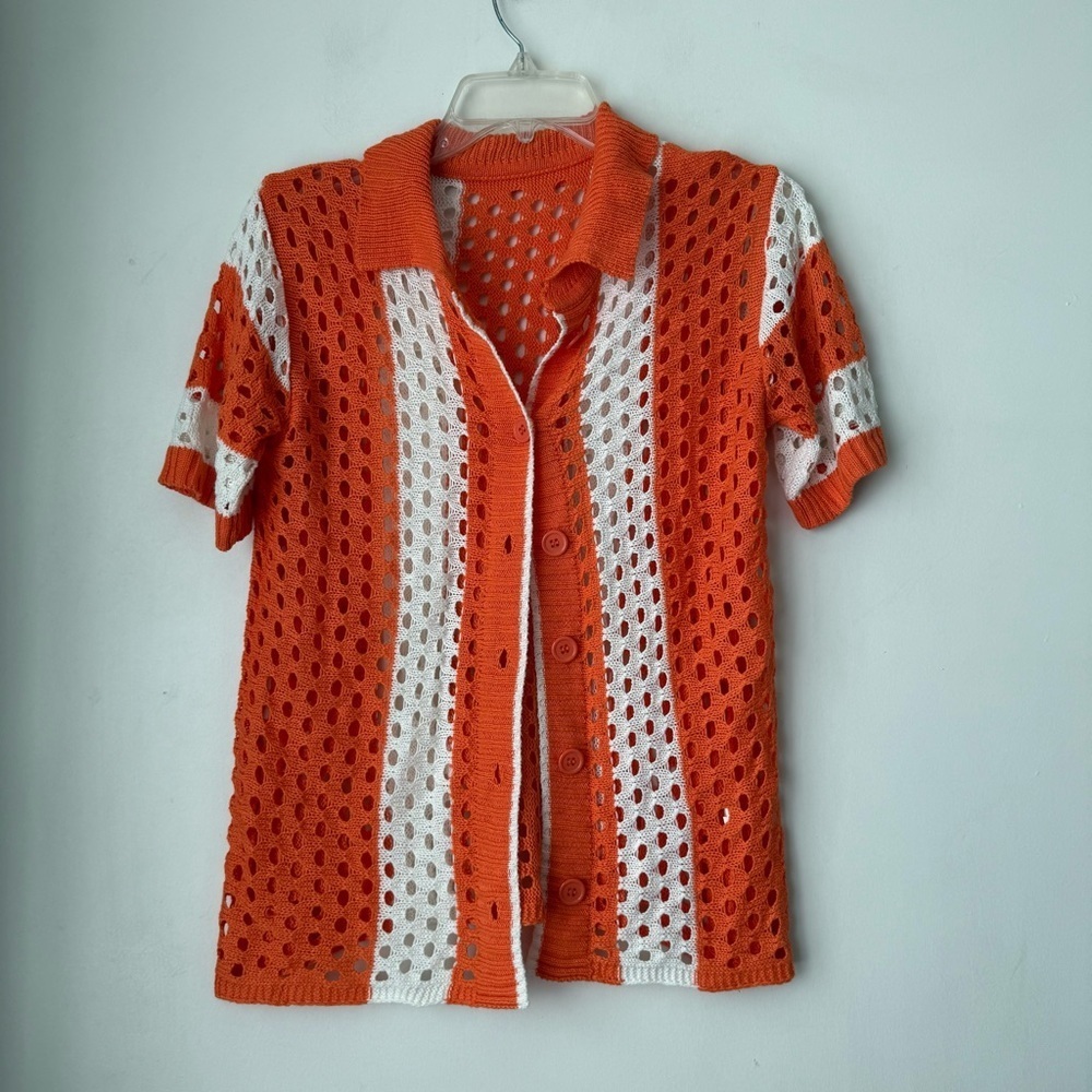 Orange & White Open Knit Crochet Shirt & Short 2pc Coord Set S